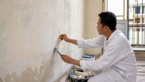 Thợ kiểm tra lớp sơn cũ bong tróc trước khi sơn lại nhà