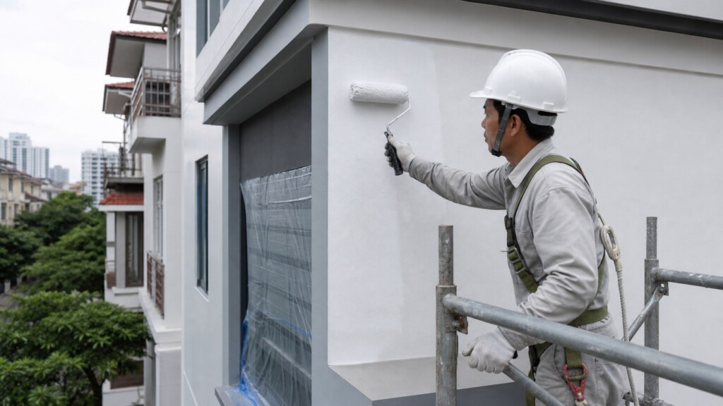 Thợ sơn ngoại thất trên giàn giáo thi công đúng hợp đồng thi công sơn nhà