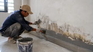 Thợ xử lý chân tường ẩm mốc trước khi chống thấm tại Hà Nội