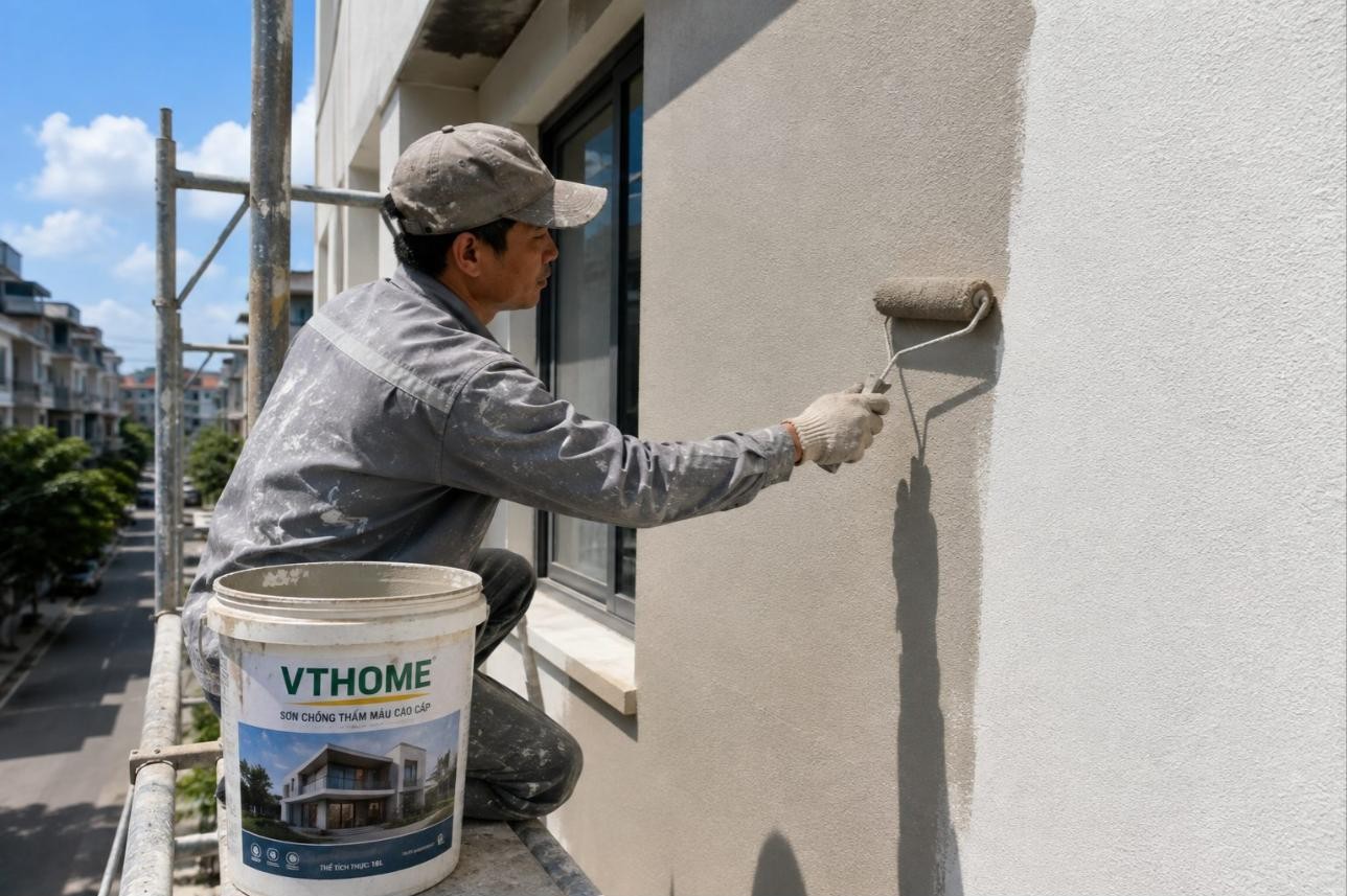 Thợ lăn sơn chống thấm tường ngoài khi chống thấm tường tại Ba Vì
